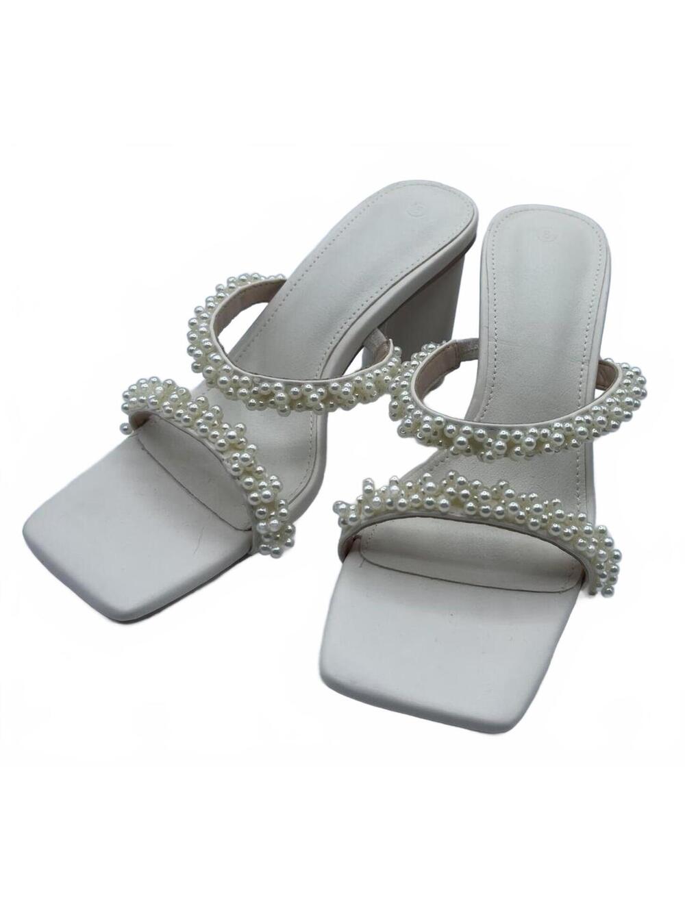 Cream Pearl Embellished Block Heel Sandals Size 8 for Wedding/Formal Event NWOT